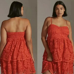 NWT $190 Anthropologie × Maeve Red Strapless Lace Mini Tiered Side Zip Dress 1X